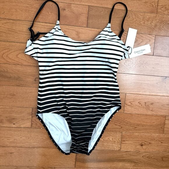 Calvin Klein One-Piece Swimsuit Black/White Over-The-Shoulder Wrap Size 10 Pool - Picture 3 of 10